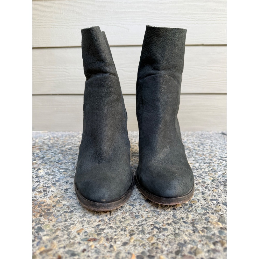 Black Pebbled Leather Ankle Boots Stacked Block Heel Round Toe Side Zip Size 9.5 - Picture 5 of 9